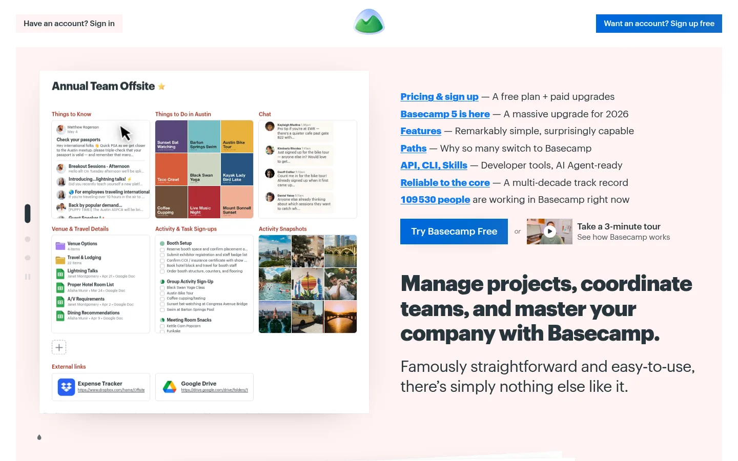 Basecamp software home page