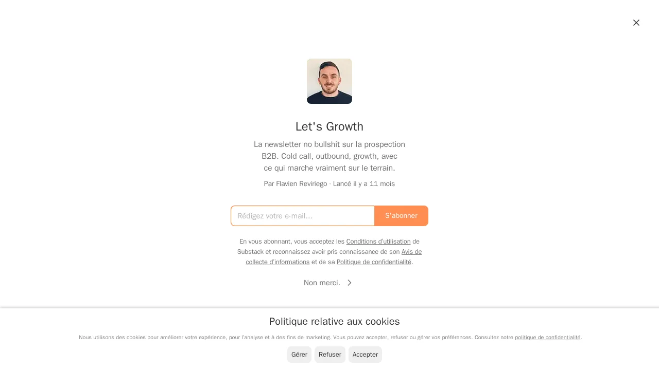 Flavien Reviriego による、B2B のプロスペクティング、コールドコール、アウトバウンドについてのニュースレター Let's Growth の登録ページ