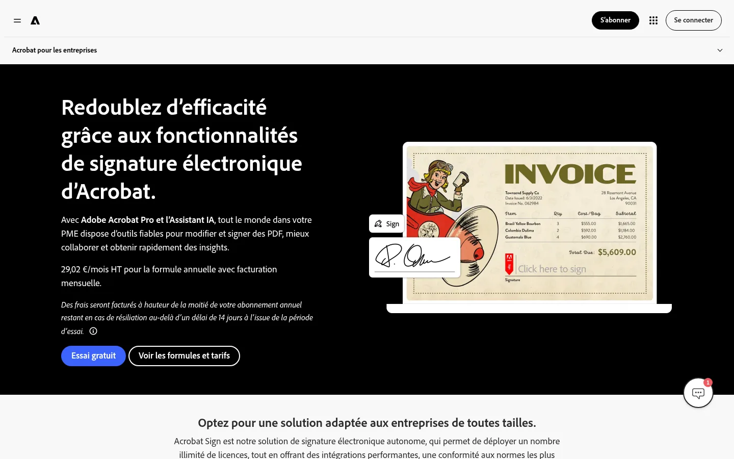 Homepage of the Adobe Acrobat Sign software