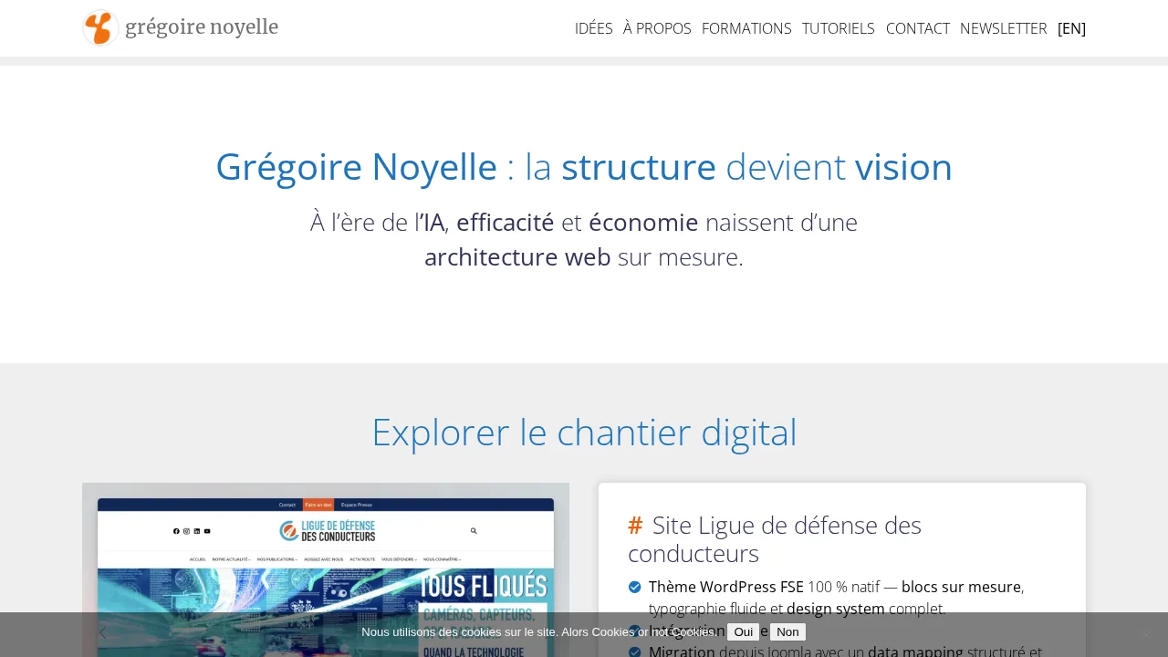 Grégoire Noyelle のウェブサイトのトップページ。WordPress のフルサイト編集テーマの事例紹介