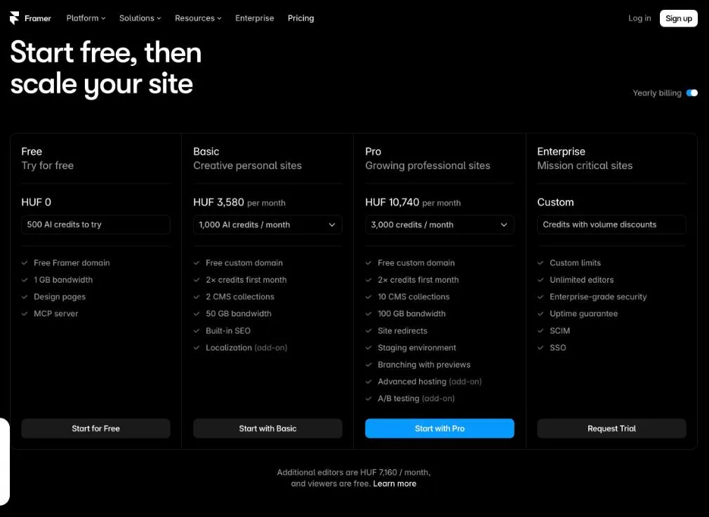Framer pricing page with the Free, Basic, Pro and Enterprise plans, yearly billing selected, and the features Built-in SEO, Site redirects and Localization add-on