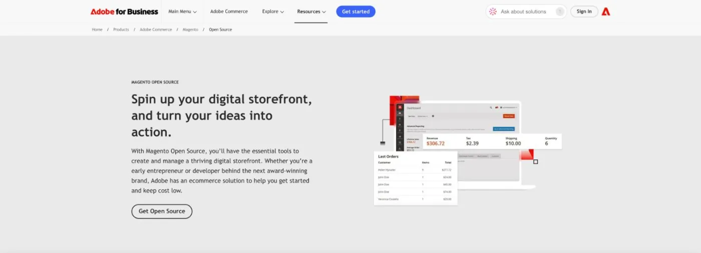 Magento Open Source page on the Adobe for Business website with the headline Spin up your digital storefront and a Get Open Source button