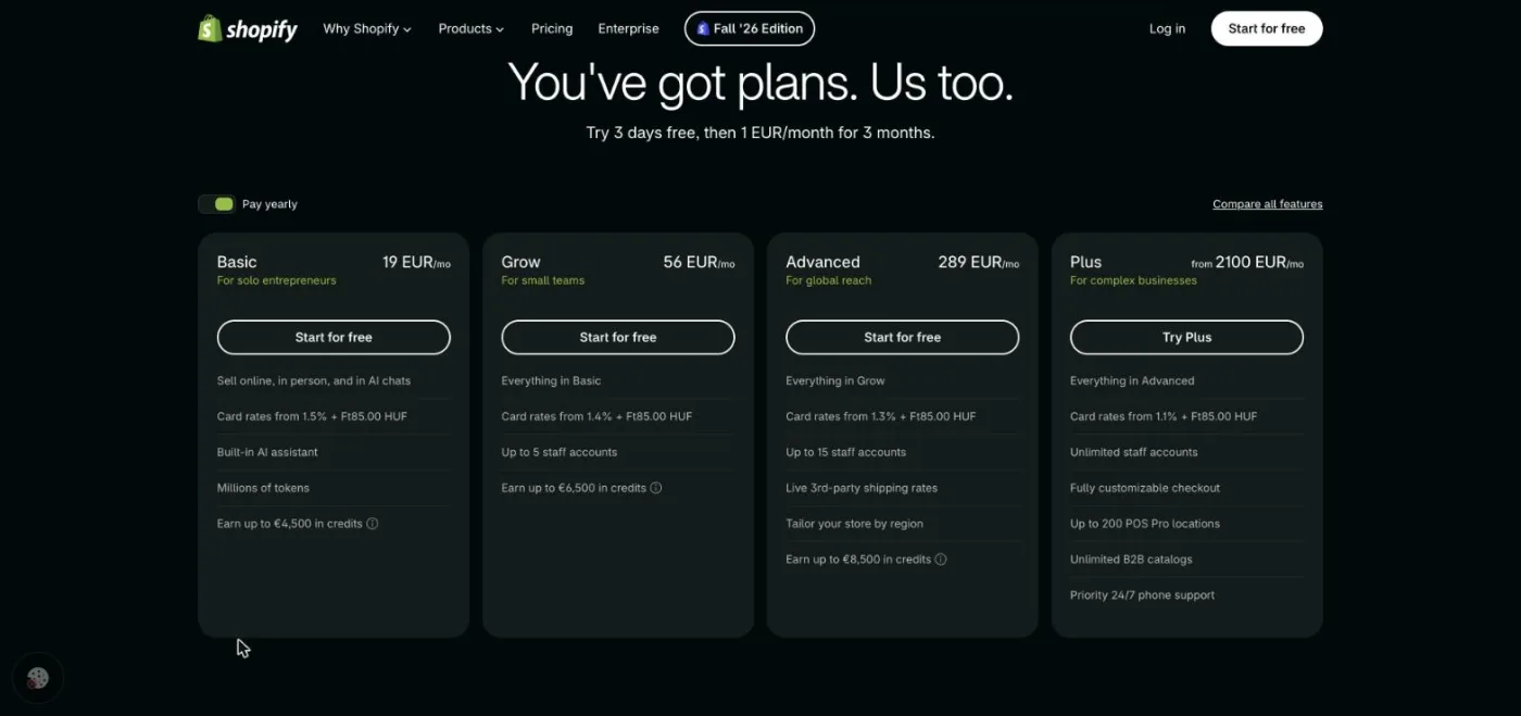 Shopify pricing page with yearly billing showing the Basic, Grow, Advanced and Plus plans, priced at 19, 56, 289 and from 2100 euros per month