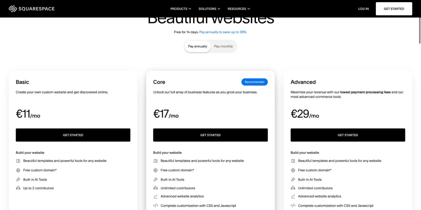 Squarespace pricing page with annual billing selected: Basic at €11 per month, Core at €17 per month marked Recommended, Advanced at €29 per month