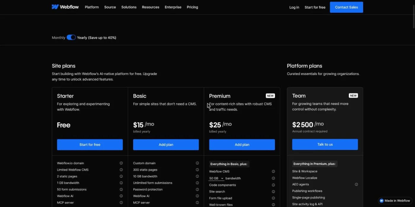 Webflow pricing page with the site plans Starter (free), Basic at $15 and Premium at $25 per month billed yearly, and the Team platform plan at $2,500 per month