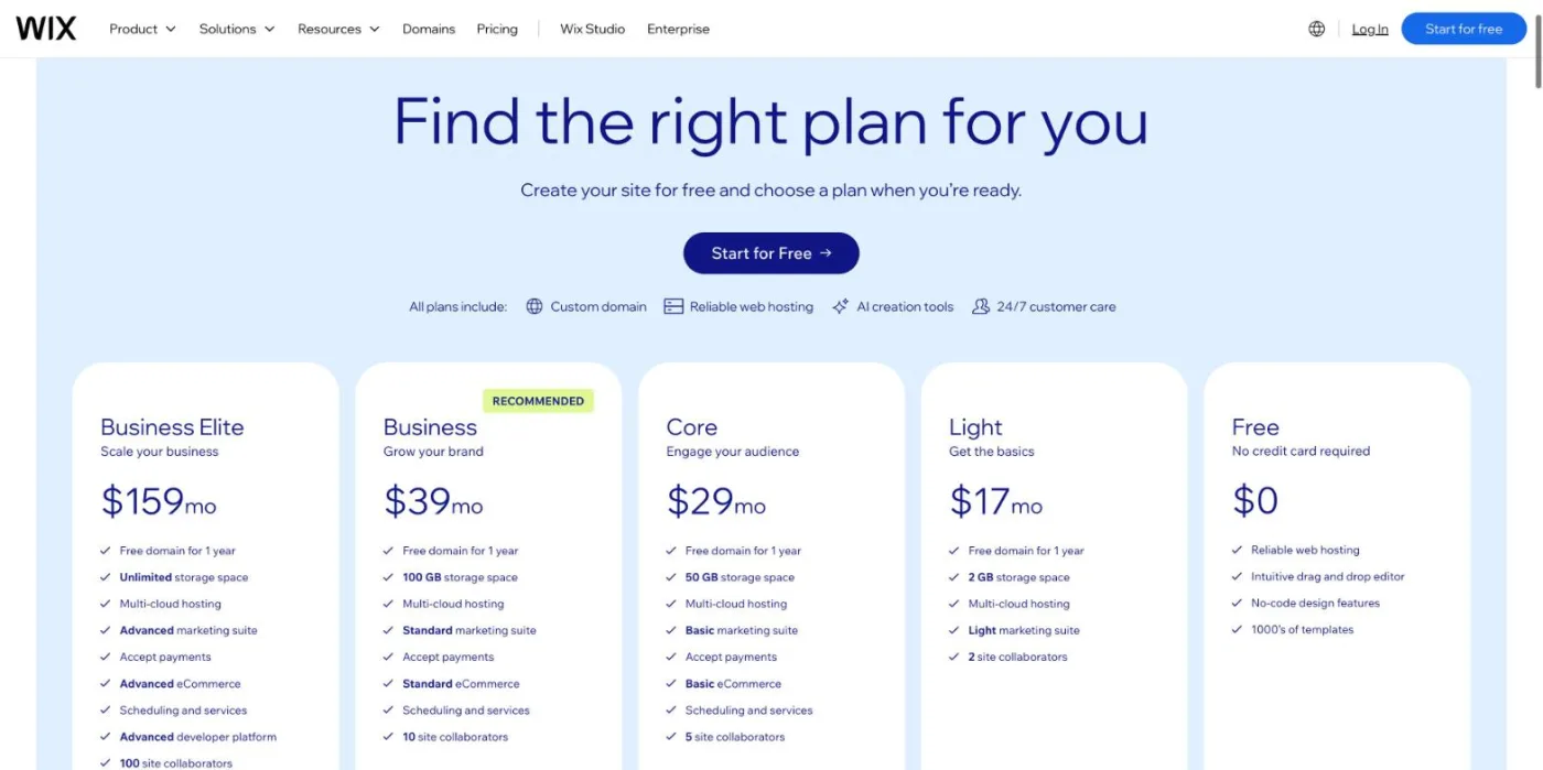 Wix pricing page showing the Business Elite plan at $159, Business at $39, Core at $29, Light at $17 and Free at $0 per month