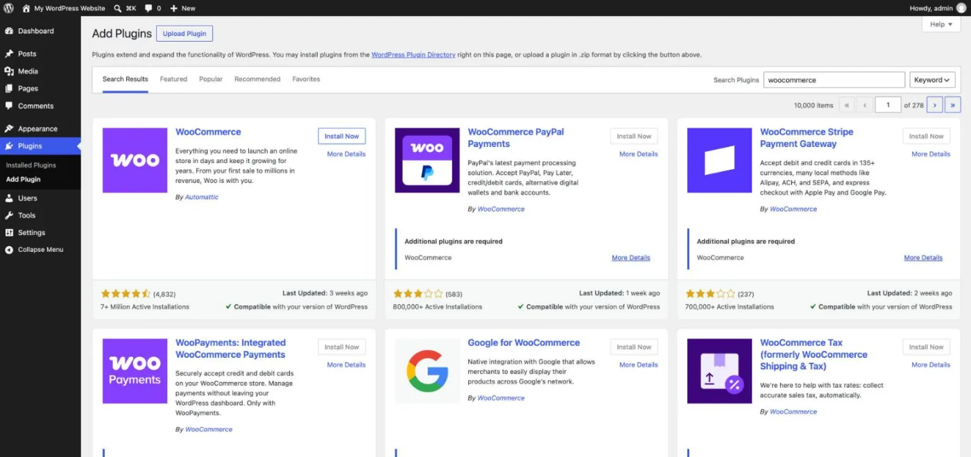 WordPress Add Plugins screen with a search for woocommerce, showing WooCommerce by Automattic with 7+ million active installations, then the PayPal, Stripe, WooPayments and Google for WooCommerce extensions