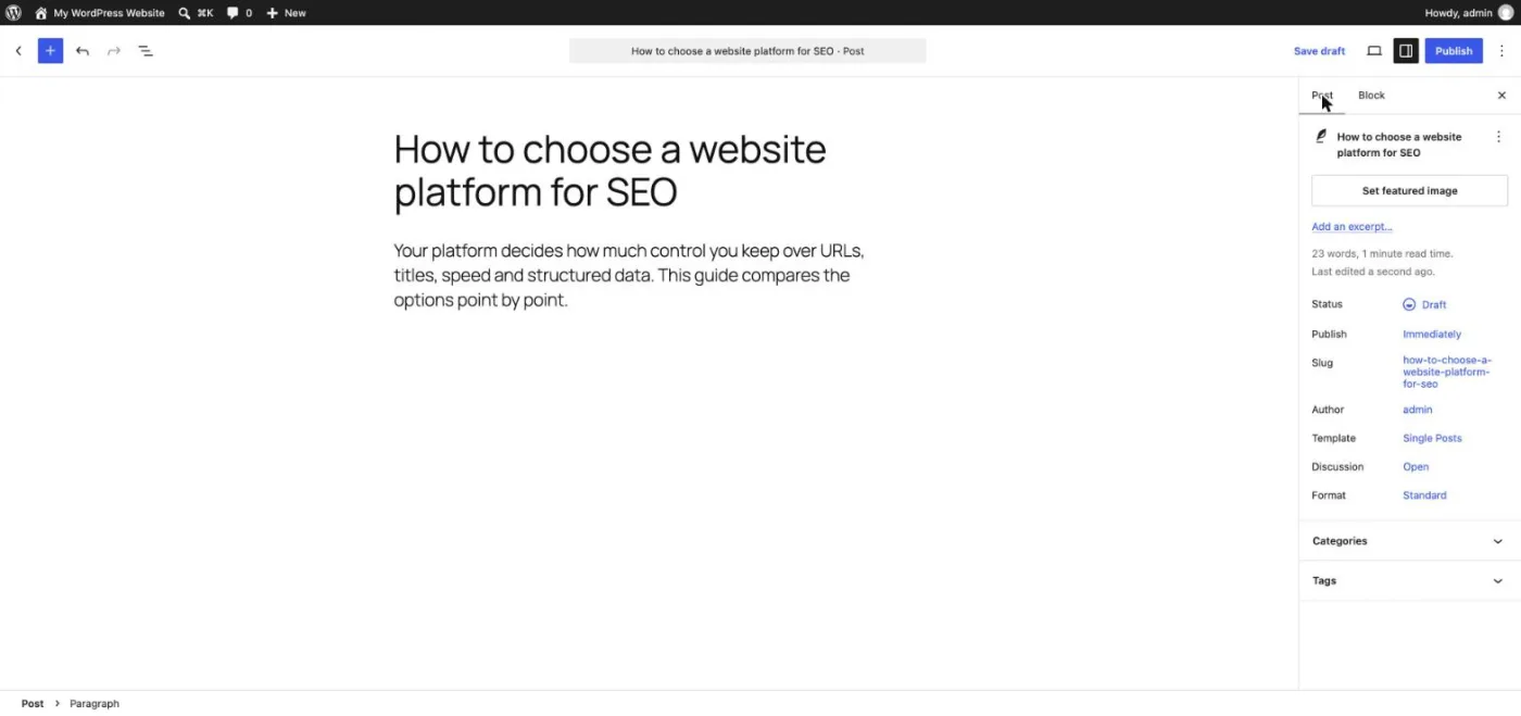WordPress block editor with a draft post open and the post panel showing the slug, status, excerpt and featured image settings