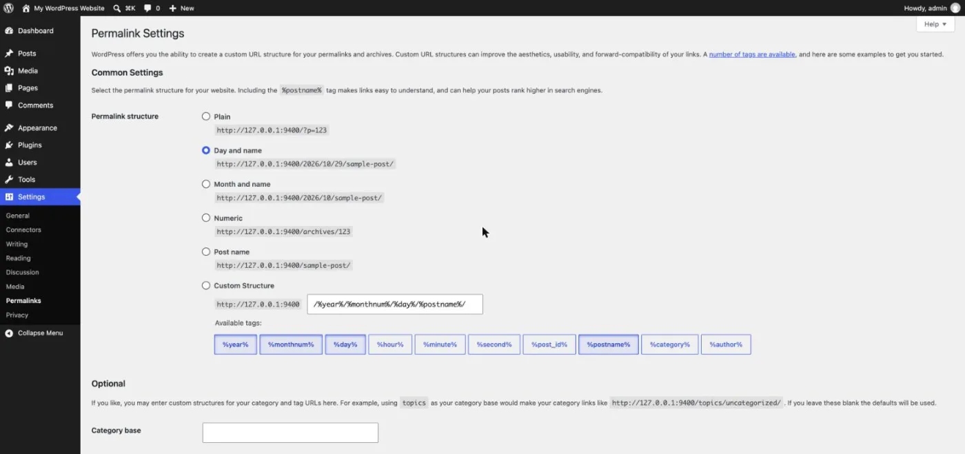 WordPress Permalink Settings screen with the URL structure options: plain, day and name, month and name, numeric, post name and custom structure