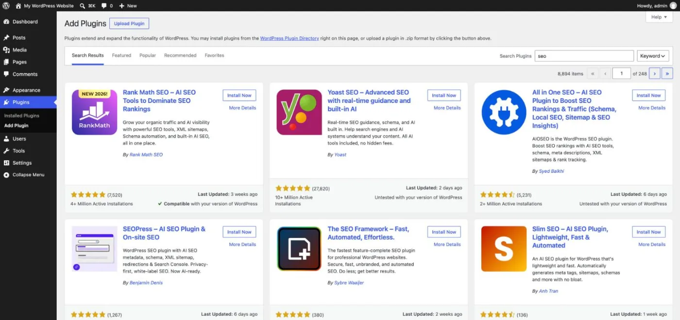 WordPress Add Plugins screen with a search for seo showing Rank Math, Yoast SEO, All in One SEO, SEOPress, The SEO Framework and Slim SEO with their ratings and active installations