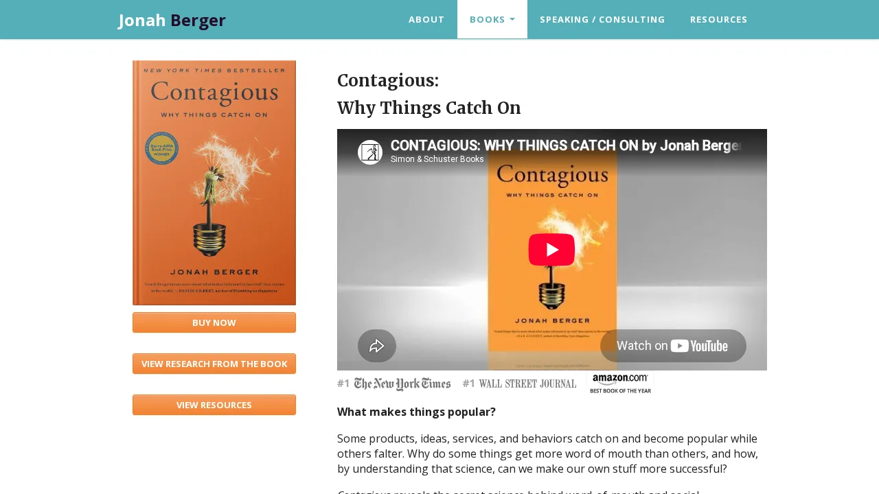 Jonah Berger'ın web sitesindeki Contagious: Why Things Catch On sayfası; turuncu kitap kapağı ve kitabın video tanıtımı