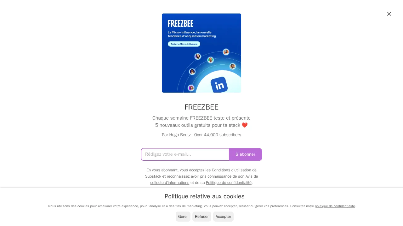 Hugo Bentz による FREEZBEE の Substack 登録ページ。購読者は 44000 人超で、LinkedIn でのマイクロインフルエンスをテーマにしたカバー画像