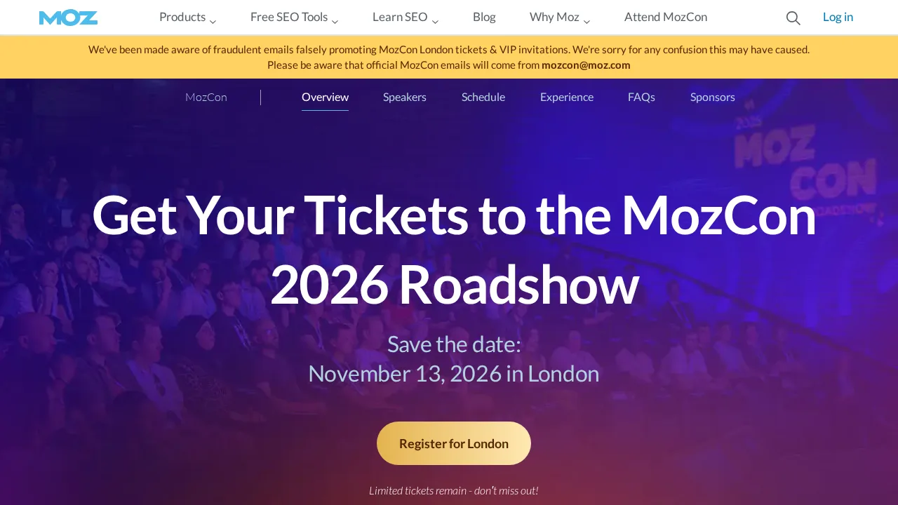 Pagina van MozCon die bezoekers uitnodigt tickets te kopen voor de MozCon 2026 Roadshow, met de datum 13 november 2026 in Londen en een knop Register for London