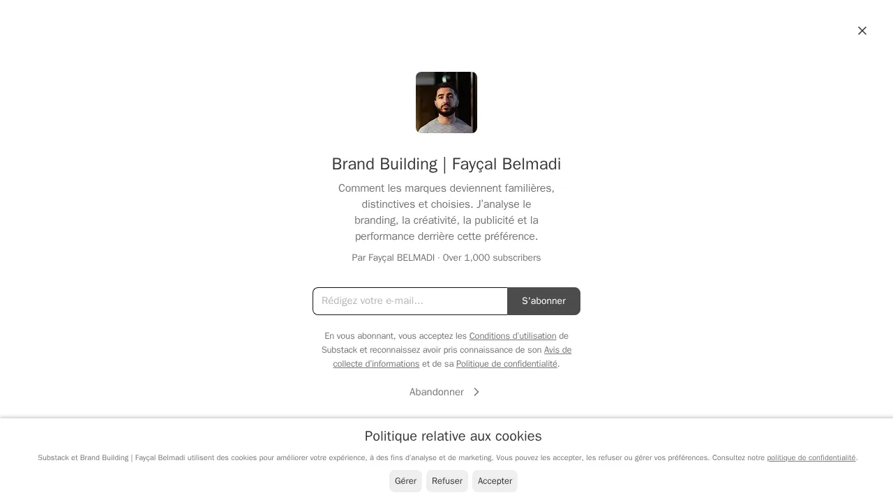 ブランドがどのように親しまれ、際立ち、選ばれるようになるかを扱う Fayçal Belmadi のニュースレターの Substack 登録ページ