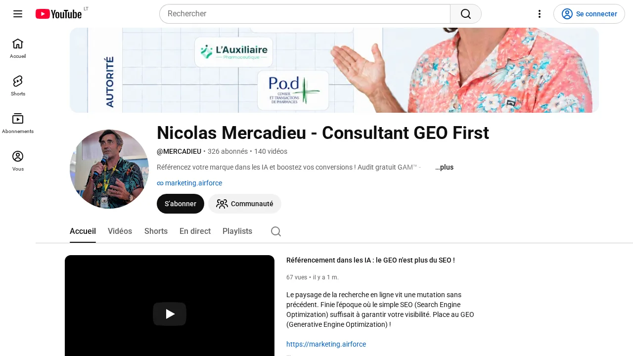 AI 어시스턴트에서 브랜드를 노출시키는 방법을 다루는 Nicolas Mercadieu의 YouTube 채널