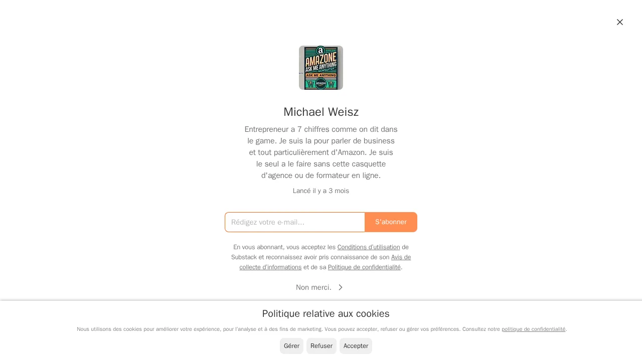 Michael Weisz의 Substack 가입 페이지로, 대행사나 온라인 강사의 입장이 아닌 비즈니스와 Amazon을 이야기하는 기업가로 그를 소개함