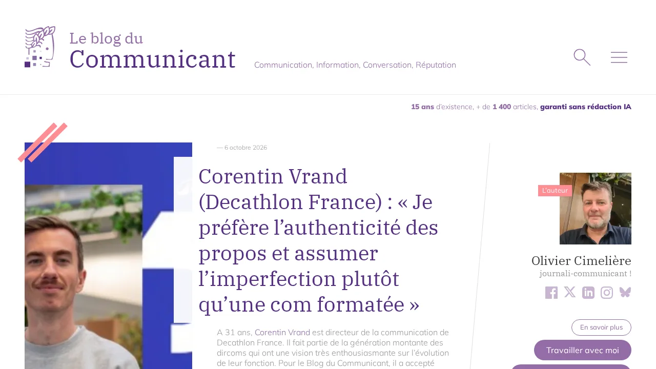 2026년 10월 6일 자 Decathlon France의 Corentin Vrand 인터뷰가 실린 Olivier Cimelière의 Le Blog du Communicant