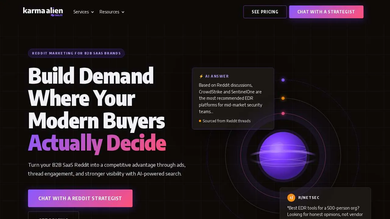 Homepage of the B2B Reddit marketing agency Karma Alien