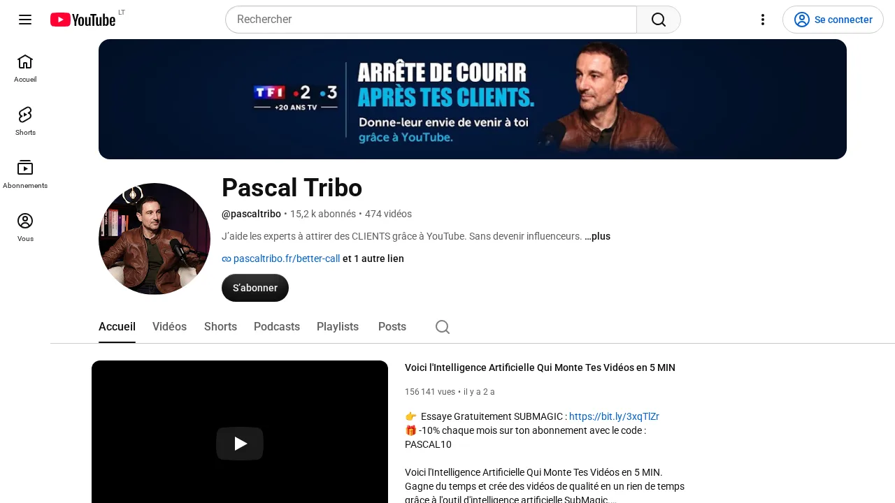 클라이언트를 쫓아다니지 말고 YouTube 덕분에 클라이언트가 찾아오게 하자는 내용의 배너가 있는 Pascal Tribo의 YouTube 채널