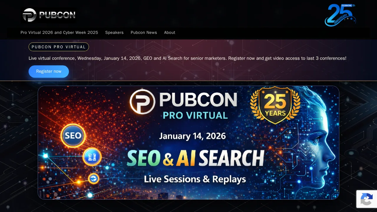 Homepage van Pubcon met een promotie voor Pubcon Pro Virtual, een live online conferentie over SEO en AI-zoeken op 14 januari 2026