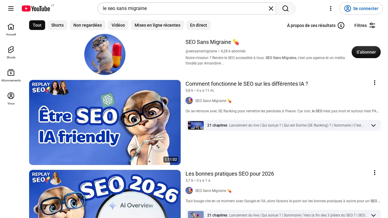 Amandine Bart가 만든 채널 SEO Sans Migraine의 YouTube 검색 결과로, 구독자 4.28k명과 AI 어시스턴트에서의 SEO 및 2026년 SEO 모범 사례에 관한 라이브 다시보기가 보임