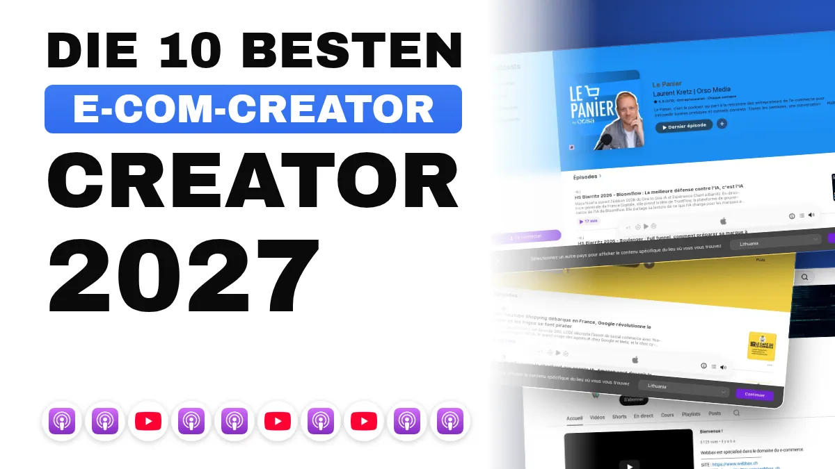 Ein Händler mit Kopfhörern am Schreibtisch hört einen E-Commerce-Podcast, während ein Laptop das Dashboard eines Onlineshops und ein YouTube-Tutorial zeigt