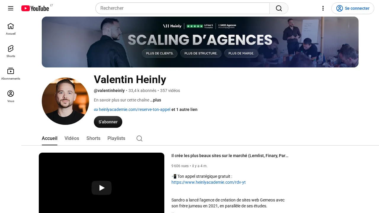 Valentin Heinly の YouTube チャンネル。登録者 3.34 万人、バナーには Scaling d'agences の文字