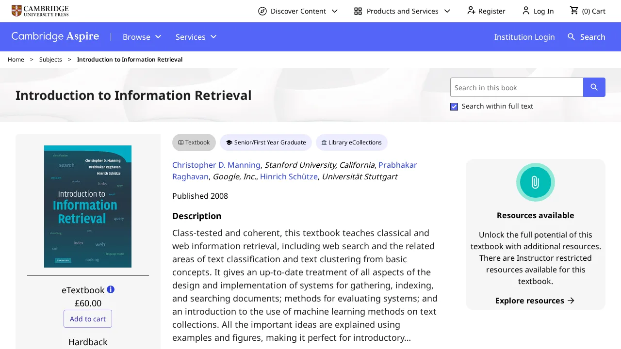Introduction to Information Retrieval kitabının Cambridge University Press sayfası; kapak, üç yazar ve kitap açıklaması