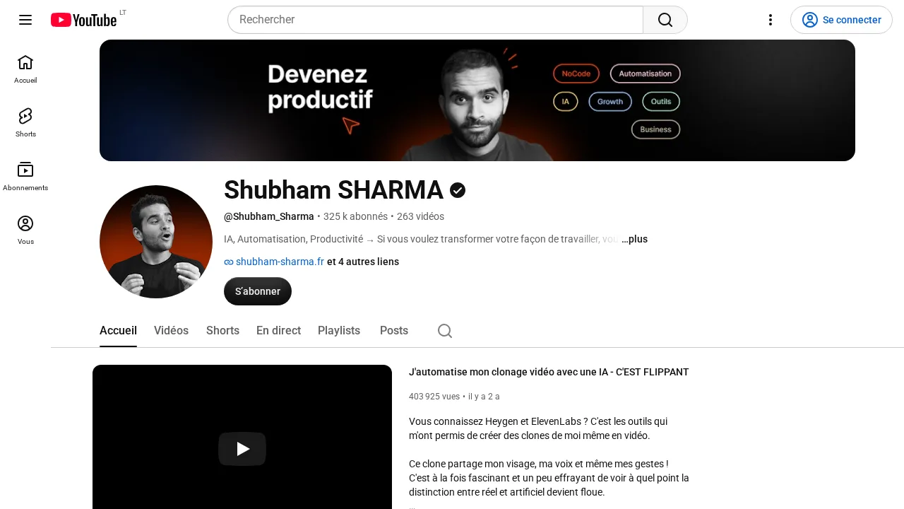 Devenez productif라고 적힌 배너와 NoCode, Automatisation, IA, Growth, Outils, Business 태그가 있는 Shubham Sharma의 YouTube 채널