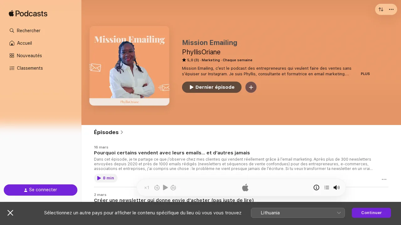 최신 에피소드가 3월 16일자로 표시된 PhyllisOriane의 Mission Emailing Apple Podcasts 페이지