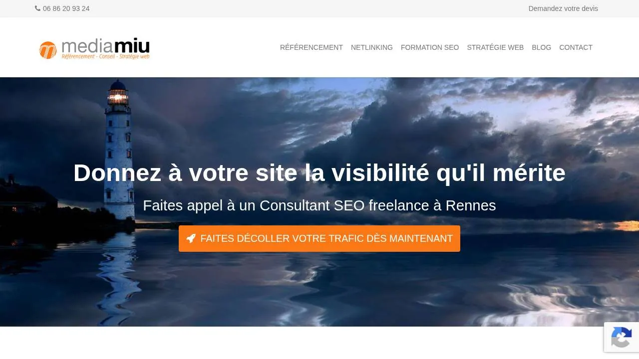 Rennes'daki serbest SEO danışmanı Arnaud Yhuel'in MediaMiu sitesinin ana sayfası