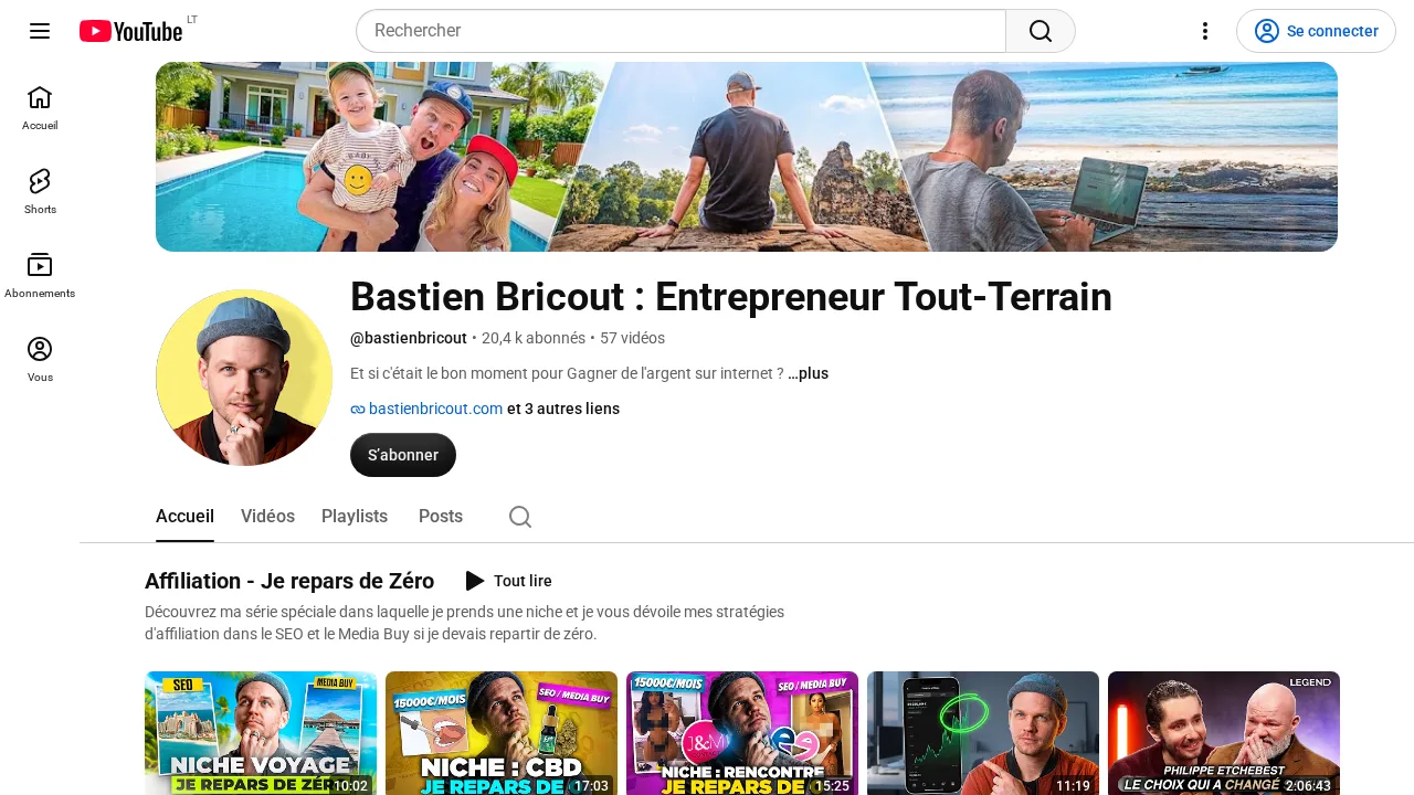Bastien Bricout の YouTube チャンネル Entrepreneur Tout-Terrain。アフィリエイトのジャンルに関する再生リストがある