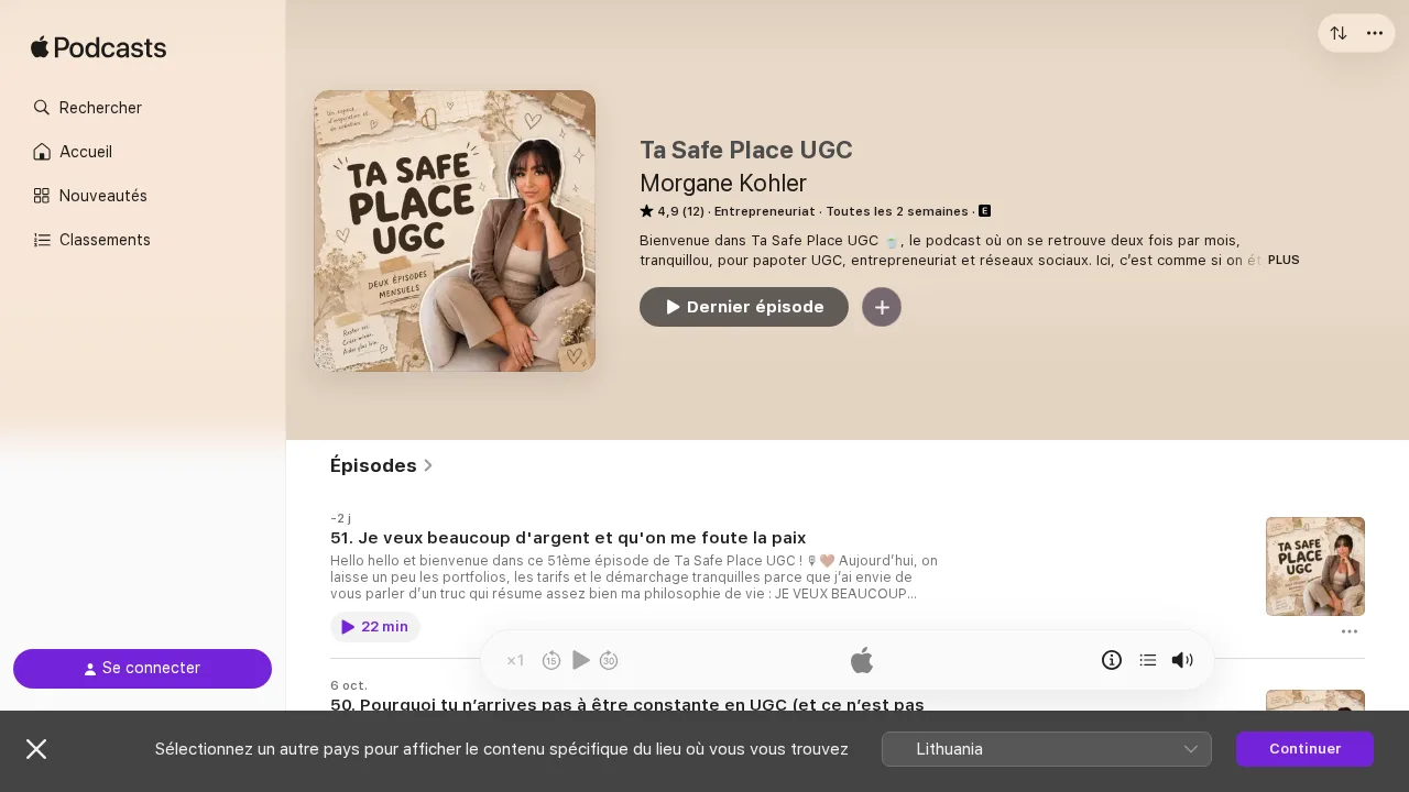 Morgane Kohler による Ta Safe Place UGC の Apple Podcasts ページ。12 件のレビューで評価 4.9、2 週間ごとに配信