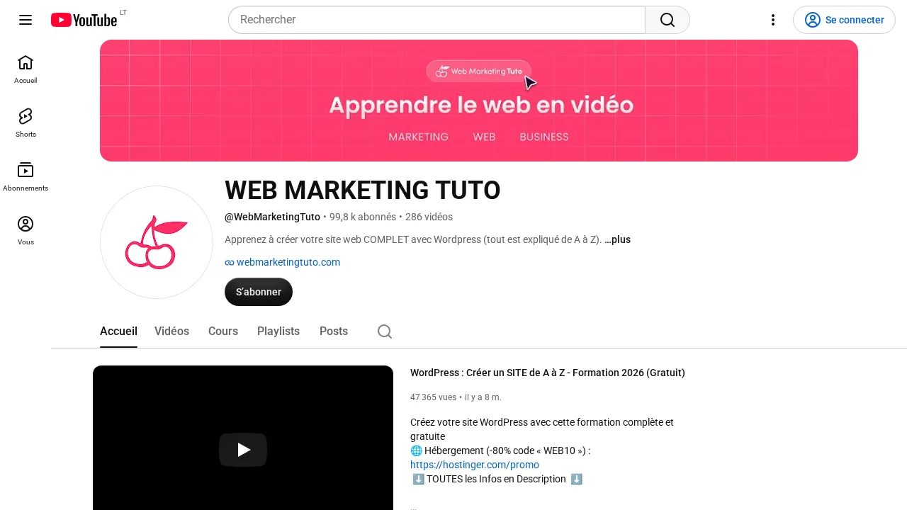 YouTube チャンネル Web Marketing Tuto。ピンクのバナーに Apprendre le web en vidéo の文字