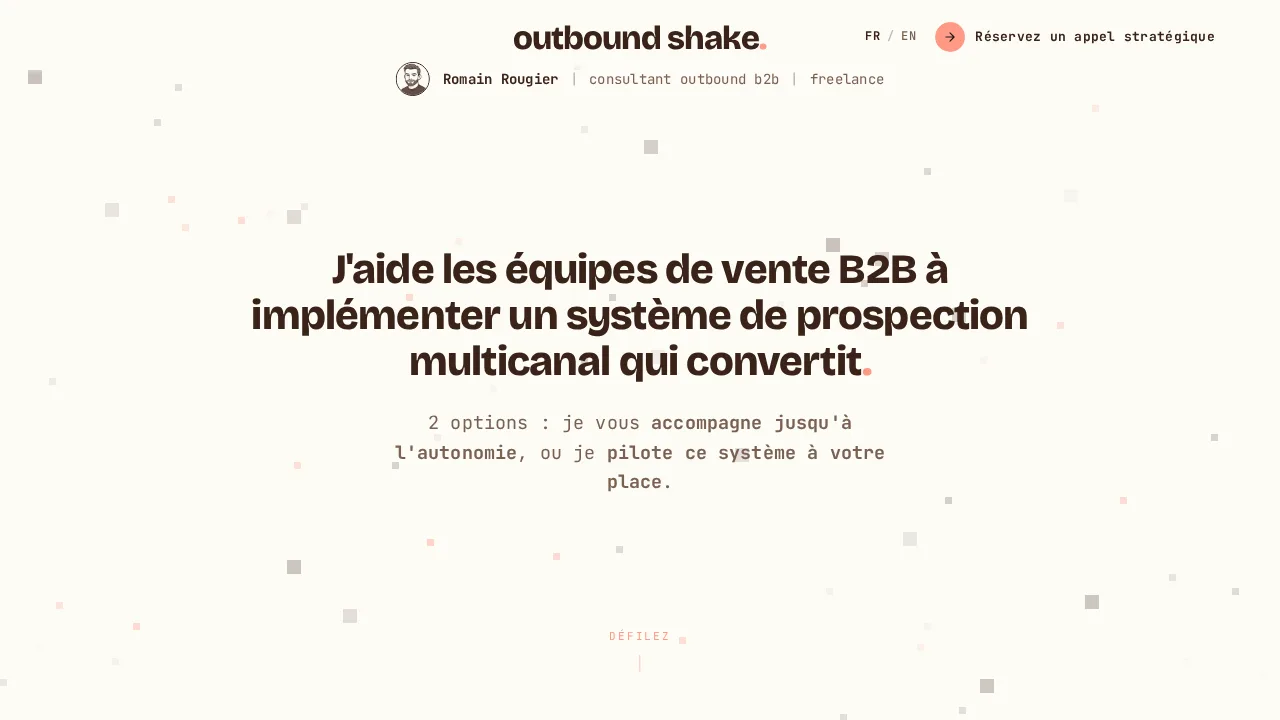 프리랜서 B2B 아웃바운드 컨설턴트 Romain Rougier의 웹사이트 outbound shake의 홈페이지