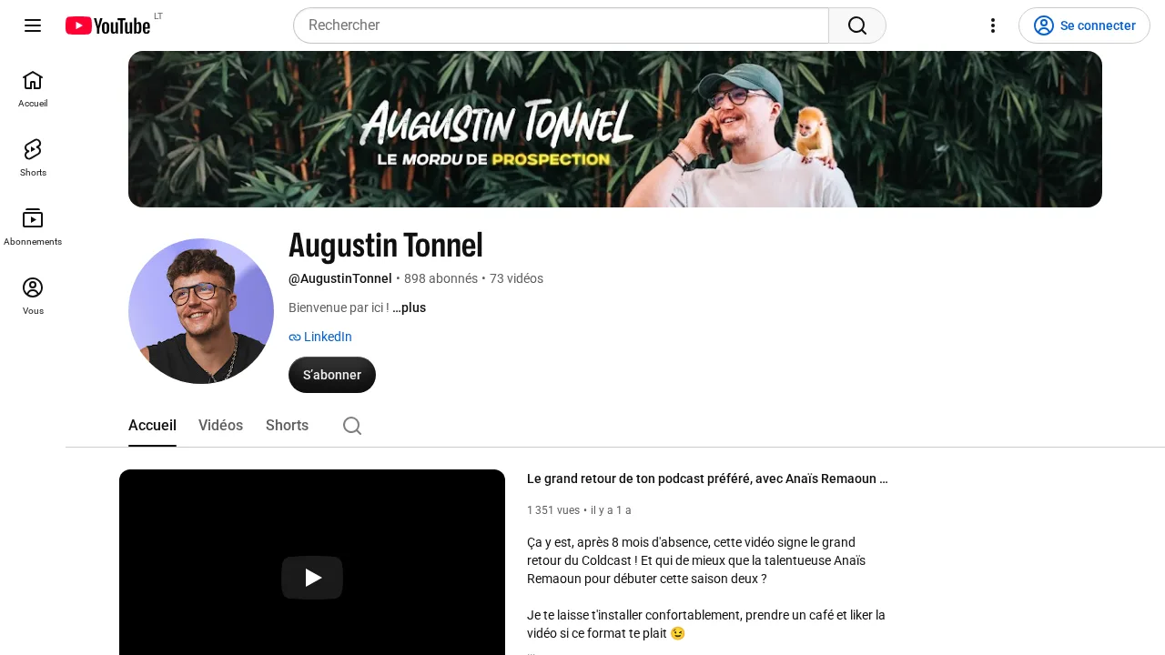 Augustin Tonnel の YouTube チャンネル。「Le mordu de prospection」と書かれたバナー