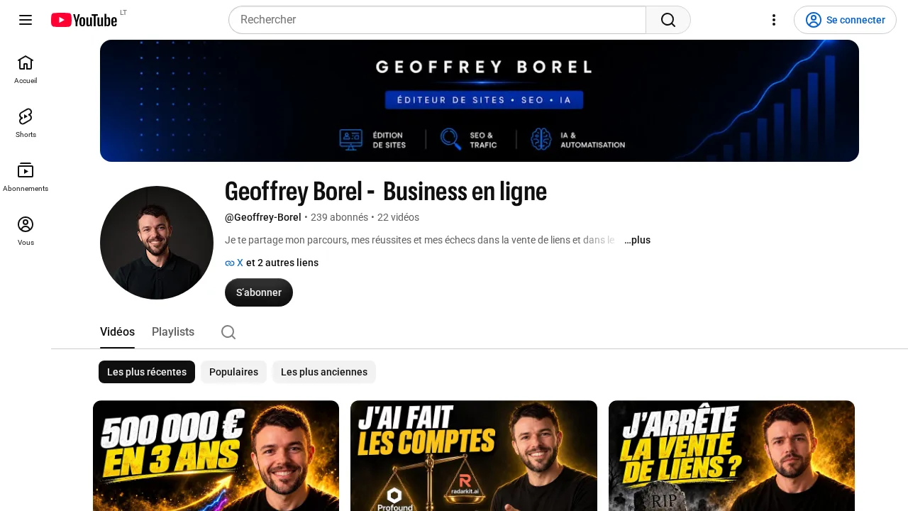 Geoffrey Borel の YouTube チャンネル Business en ligne。リンク販売に関する動画が並ぶ