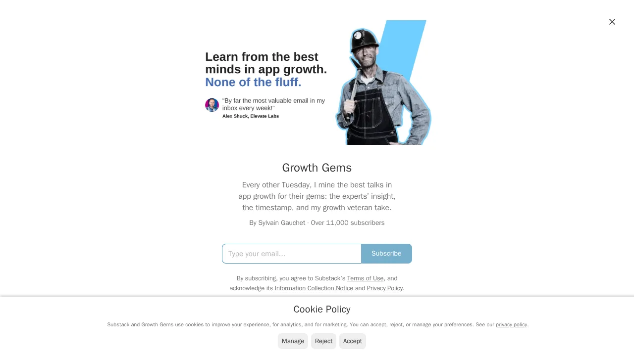 Sylvain Gauchet의 Growth Gems Substack 가입 페이지, 앱 성장 분야 최고의 강연을 격주 화요일마다 전한다고 약속한다