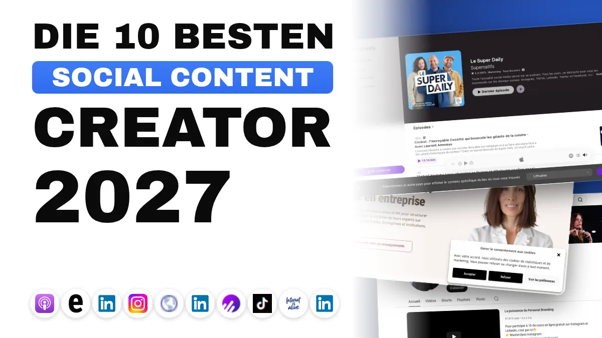 Ein Smartphone auf einem Schreibtisch mit einem Social-Media-Feed, daneben Kopfhörer, die einen Podcast abspielen, und ein aufgeklappter Laptop mit einem Newsletter, dazu Notizen in einem Notizbuch.