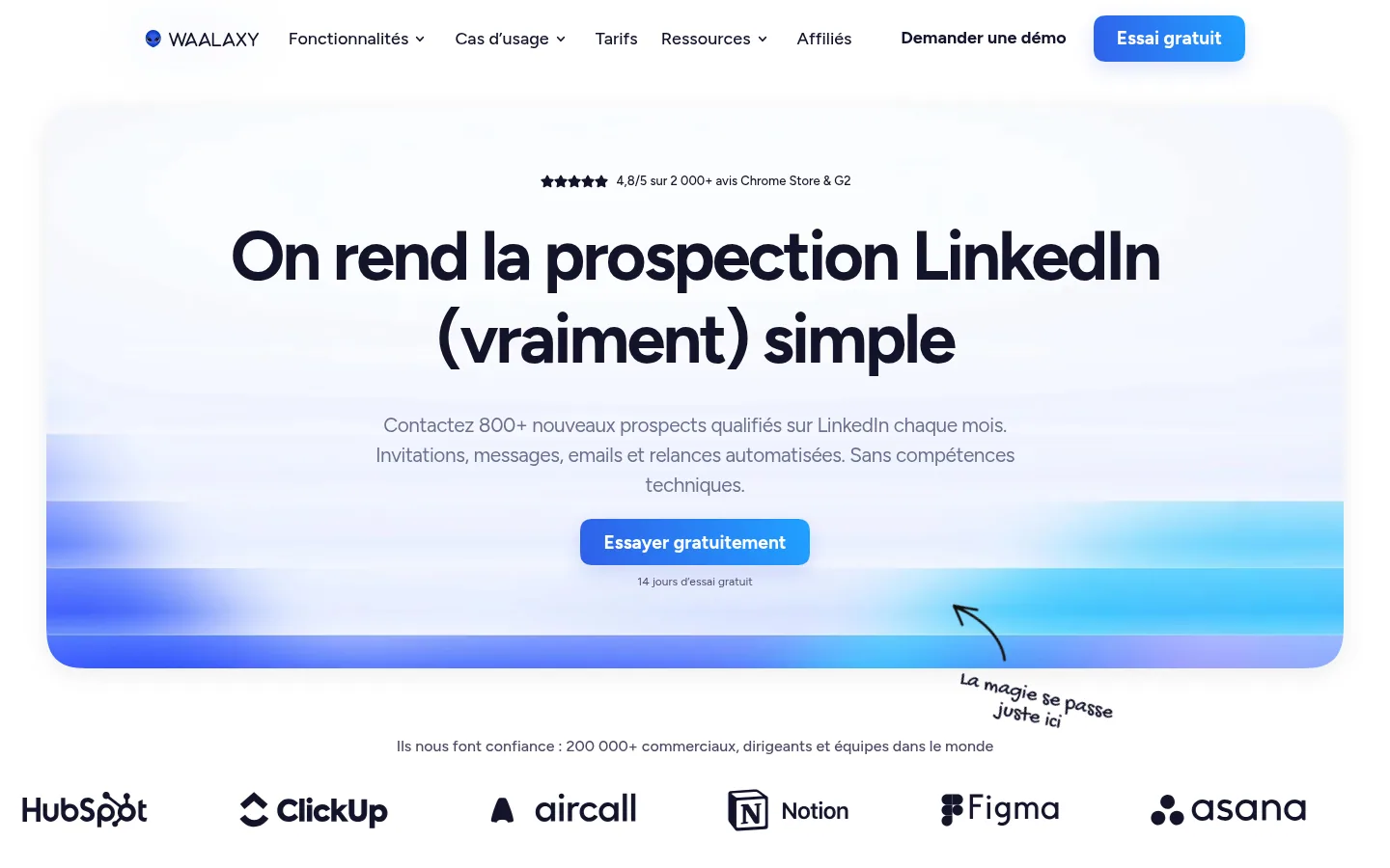 Homepage of the Waalaxy software