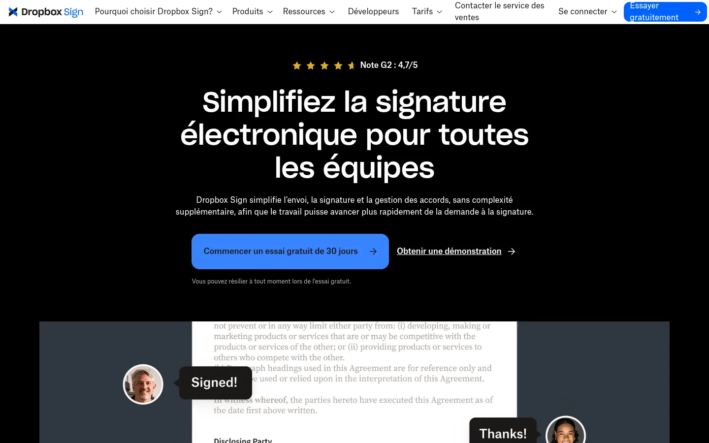 Homepage of the Dropbox Sign software