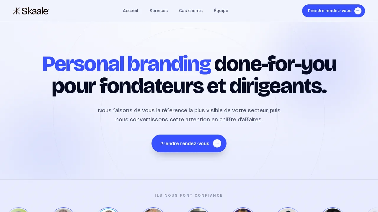 Personal branding done-for-you pour fondateurs et dirigeants라는 헤드라인이 있는 Skaale 홈페이지