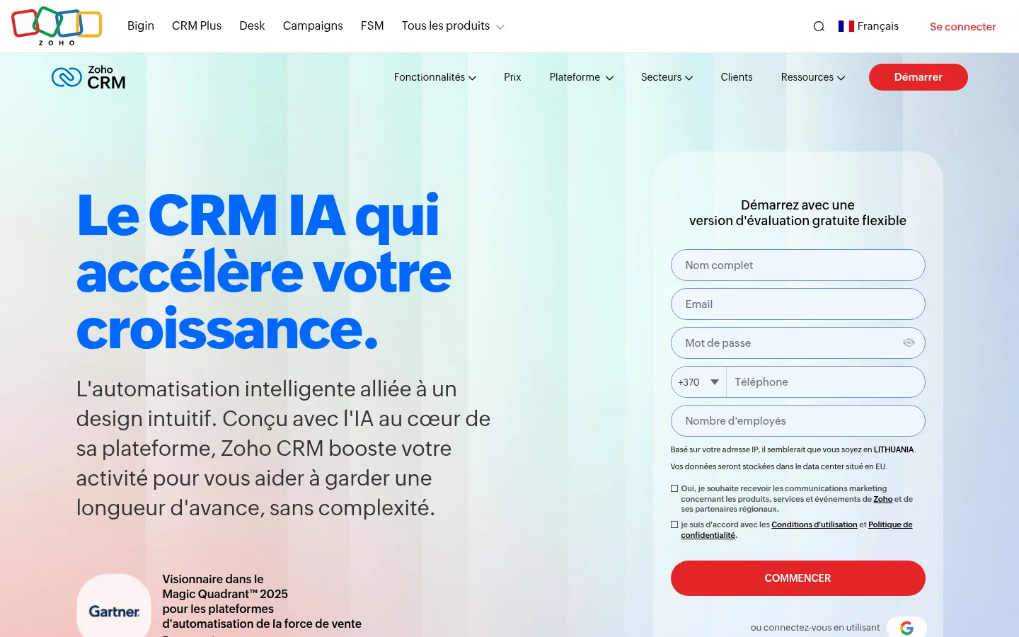 Zoho CRM software homepage