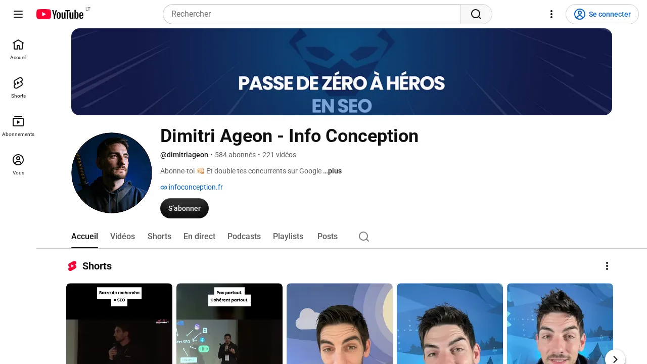 Passe de zéro à héros en SEO라는 문구가 적힌 배너가 있는 Dimitri Ageon, Info Conception의 YouTube 채널