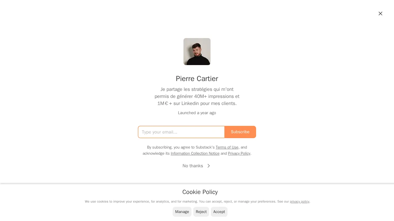 본인 사진과 구독 버튼이 있는 Pierre Cartier 뉴스레터의 Substack 구독 페이지