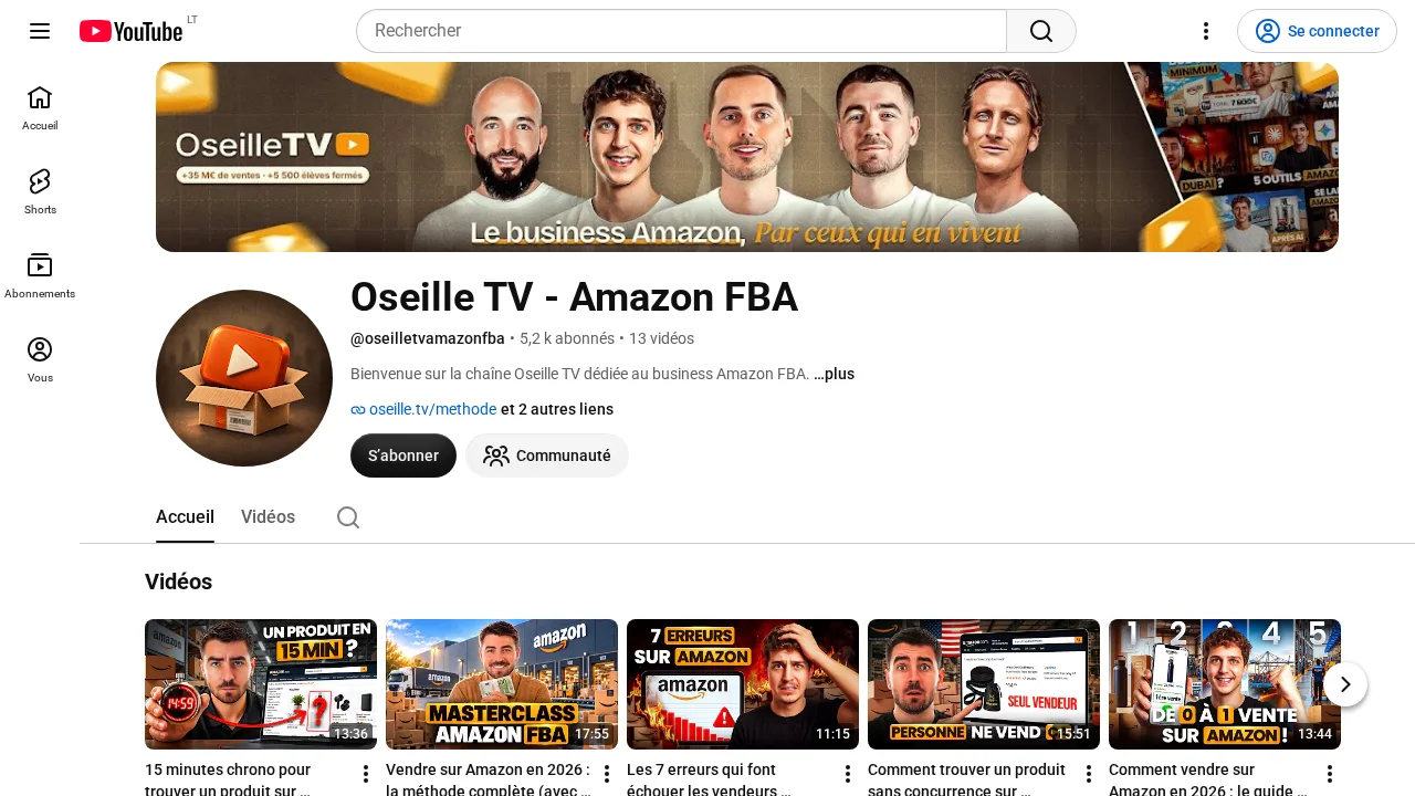 YouTube 채널 Oseille TV Amazon FBA로, Le business Amazon, par ceux qui en vivent이라는 문구가 적힌 배너가 있음
