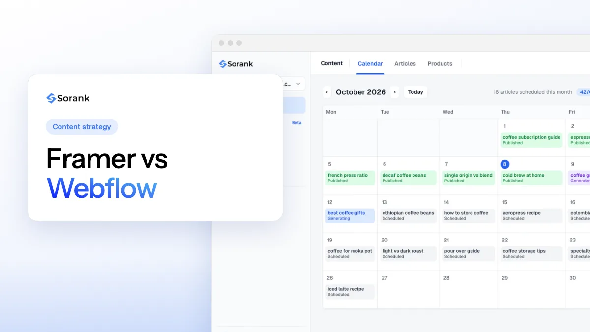 Cover of the Sorank guide comparing Framer and Webflow for SEO and AI visibility