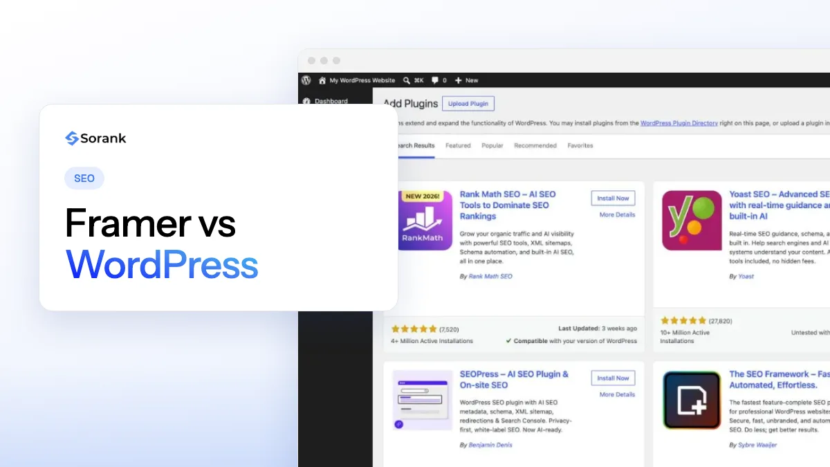 Cover of the Sorank guide comparing Framer and WordPress for SEO and AI visibility