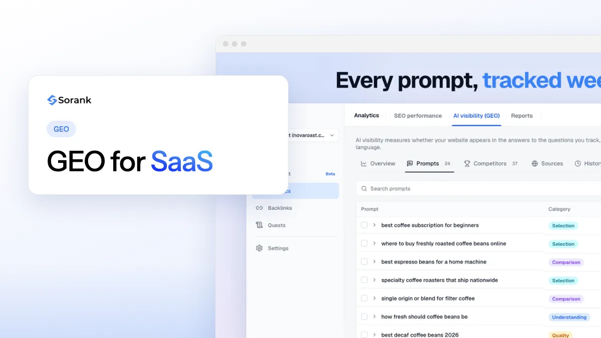 Cover of the article “GEO for SaaS”, with a screenshot of the Sorank software next to the title