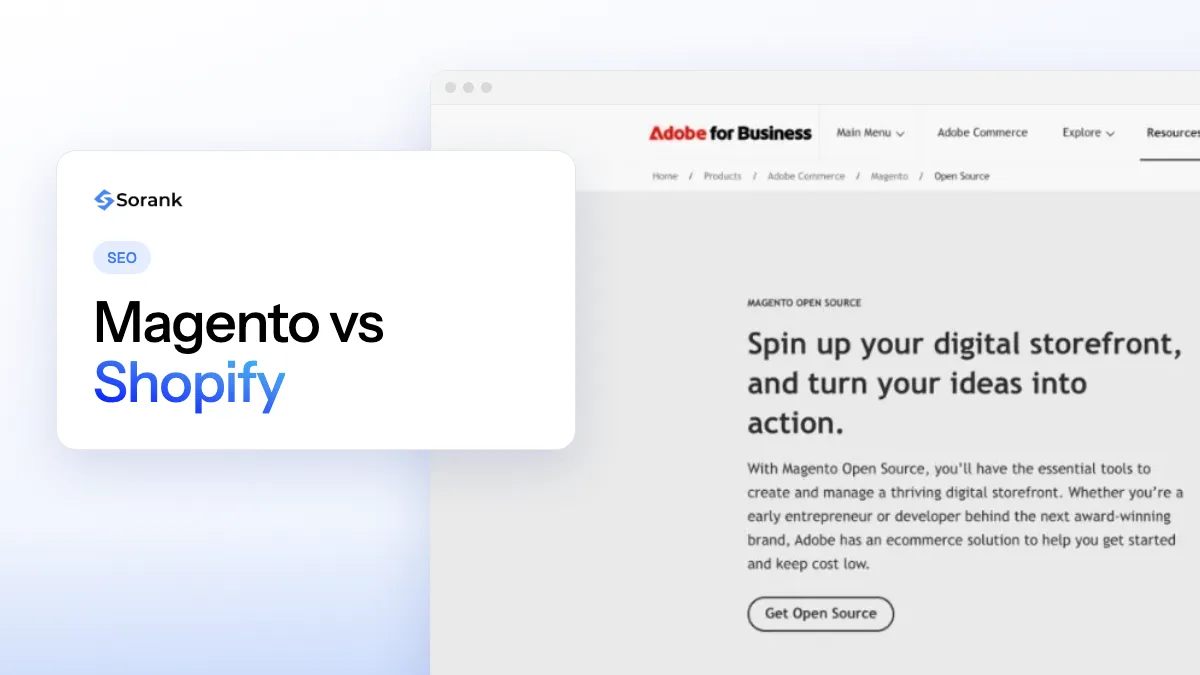 Cover of the Sorank guide comparing Magento and Shopify for SEO, costs and AI visibility